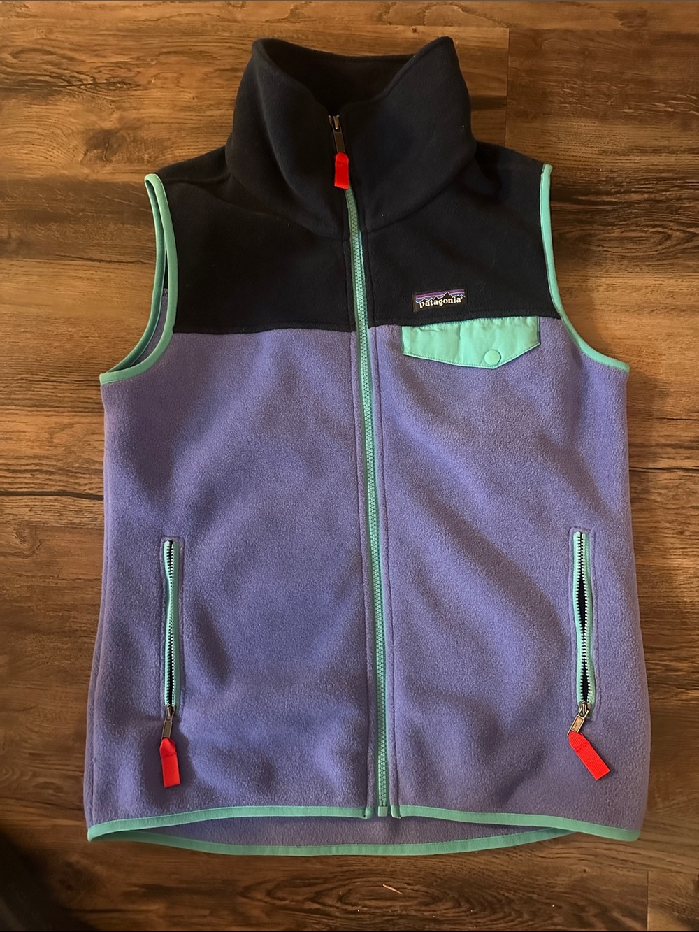 Patagonia Synchilla Vest Lavender and Navy with Mint Trim